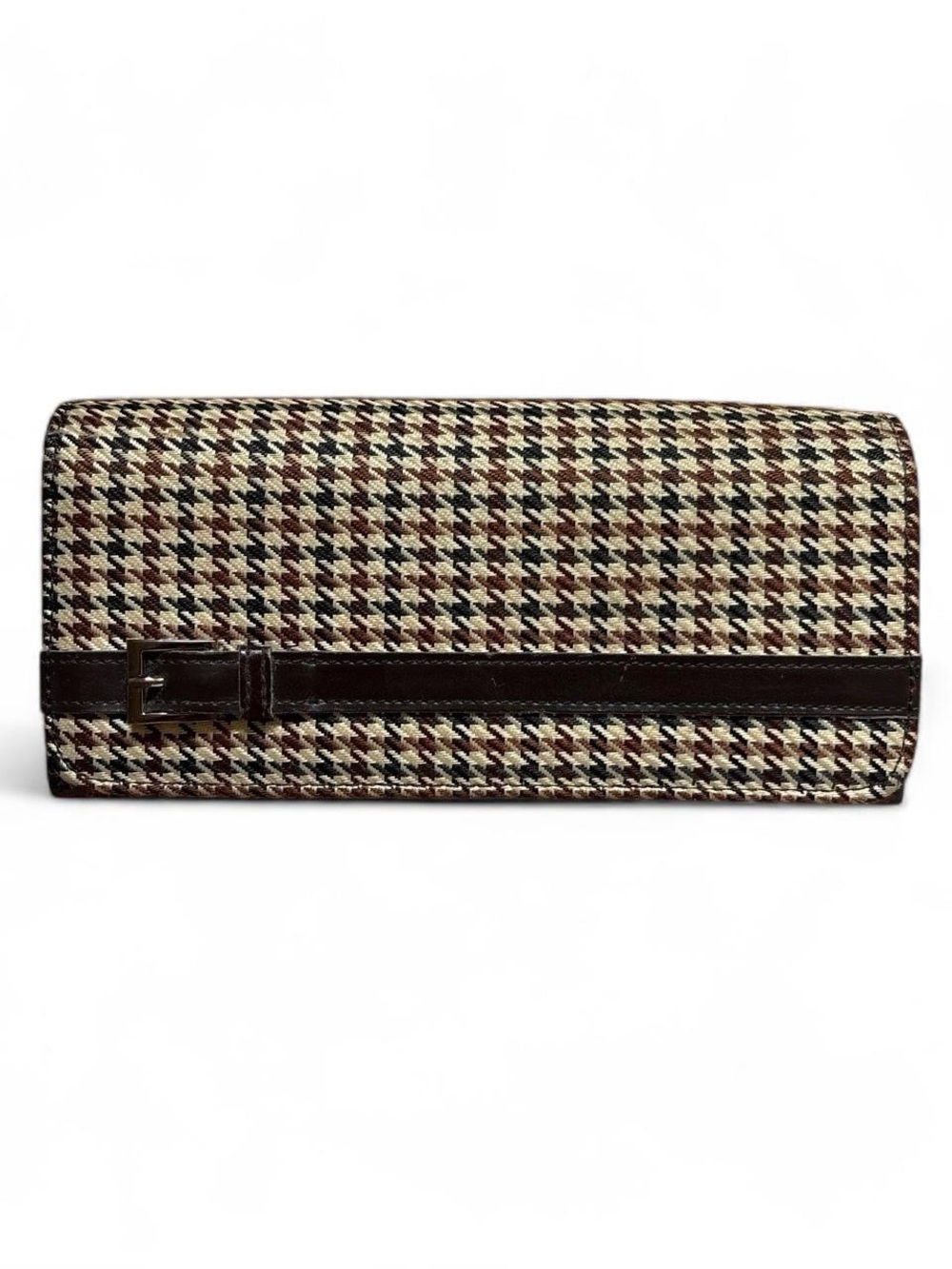 Vintage Antonio Nicci Houndstooth Continental Flap Wallet Dark Brown Leather Tri